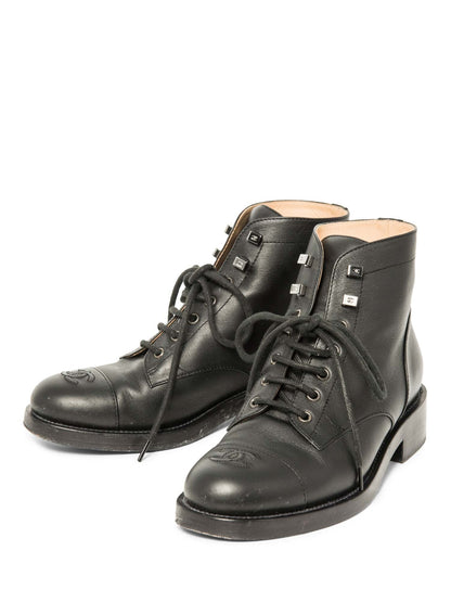 Chanel CC Logo Leather Lace Up Cap Toe Boots Black