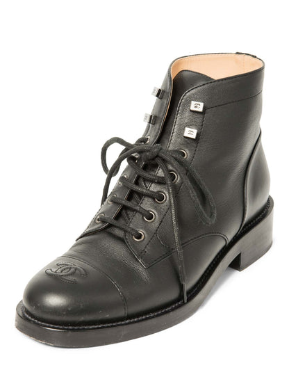 Chanel CC Logo Leather Lace Up Cap Toe Boots Black