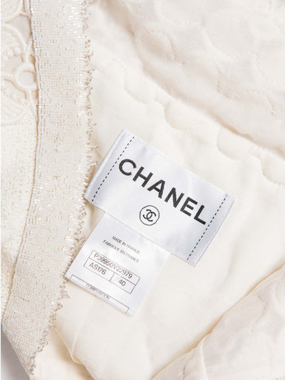Chanel CC Logo Lesage Tweed Camellia Beaded Fringe Jacket Ivory