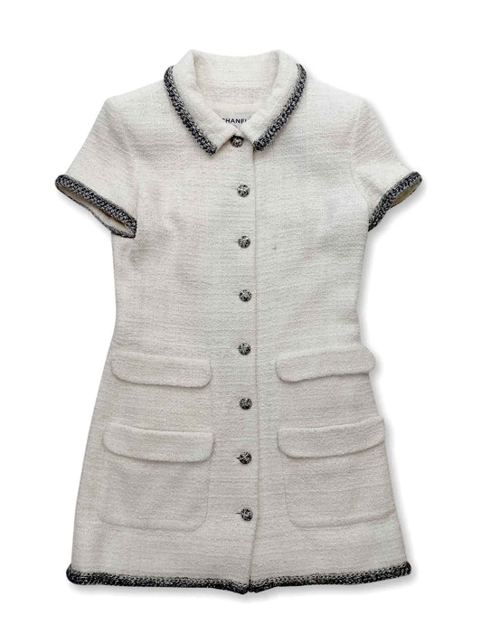 CHANEL CC Logo Lesage Tweed Fringy Fitted Mini Dress White-designer resale