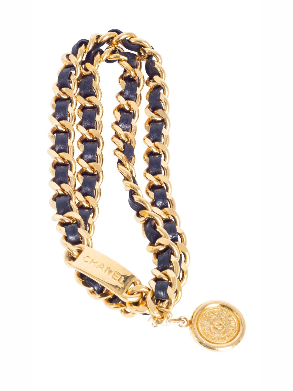Chanel CC Logo Medallion K Gold Chain Leather Belt Black