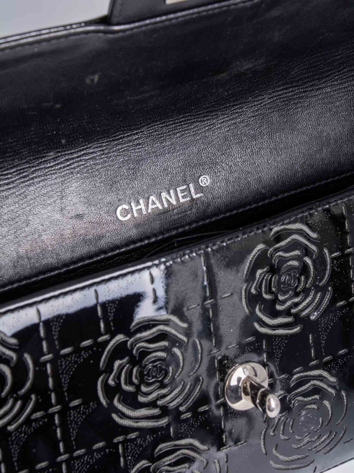 Chanel CC Logo Patent Leather Camellia Flap Bag Black