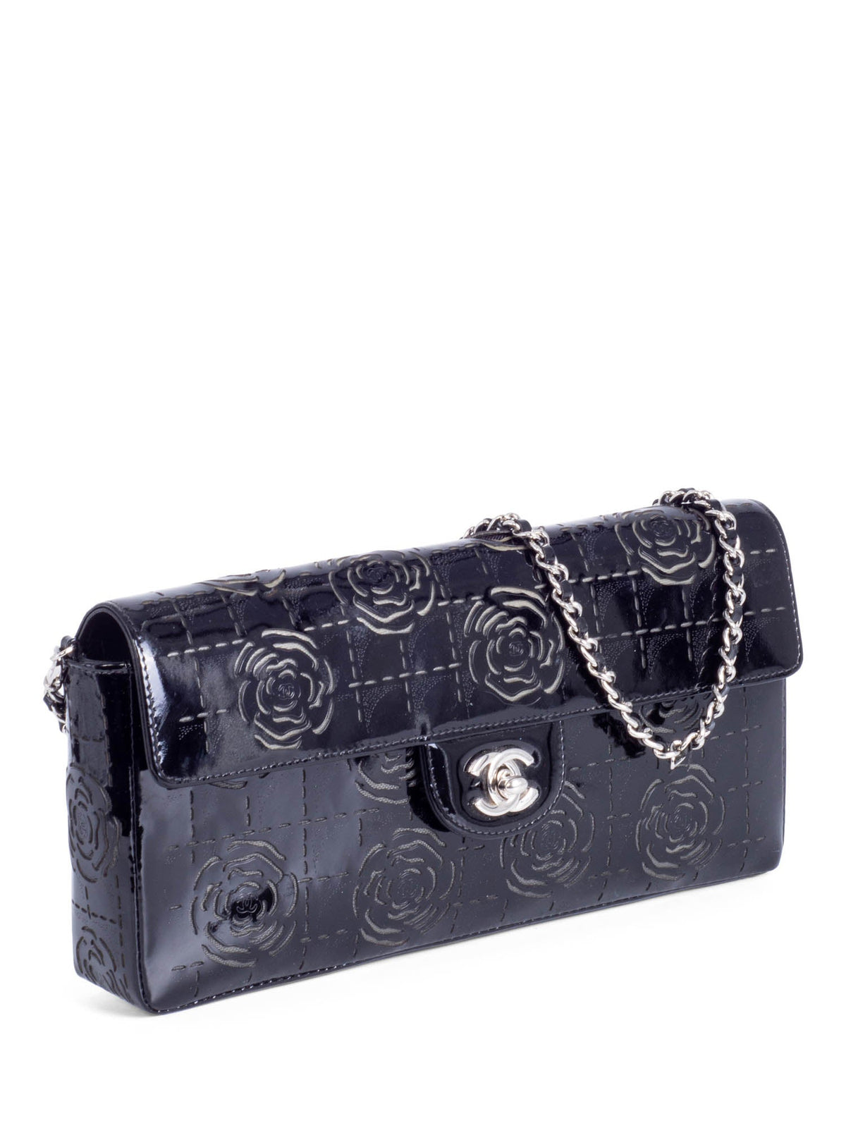 Chanel CC Logo Patent Leather Camellia Flap Bag Black
