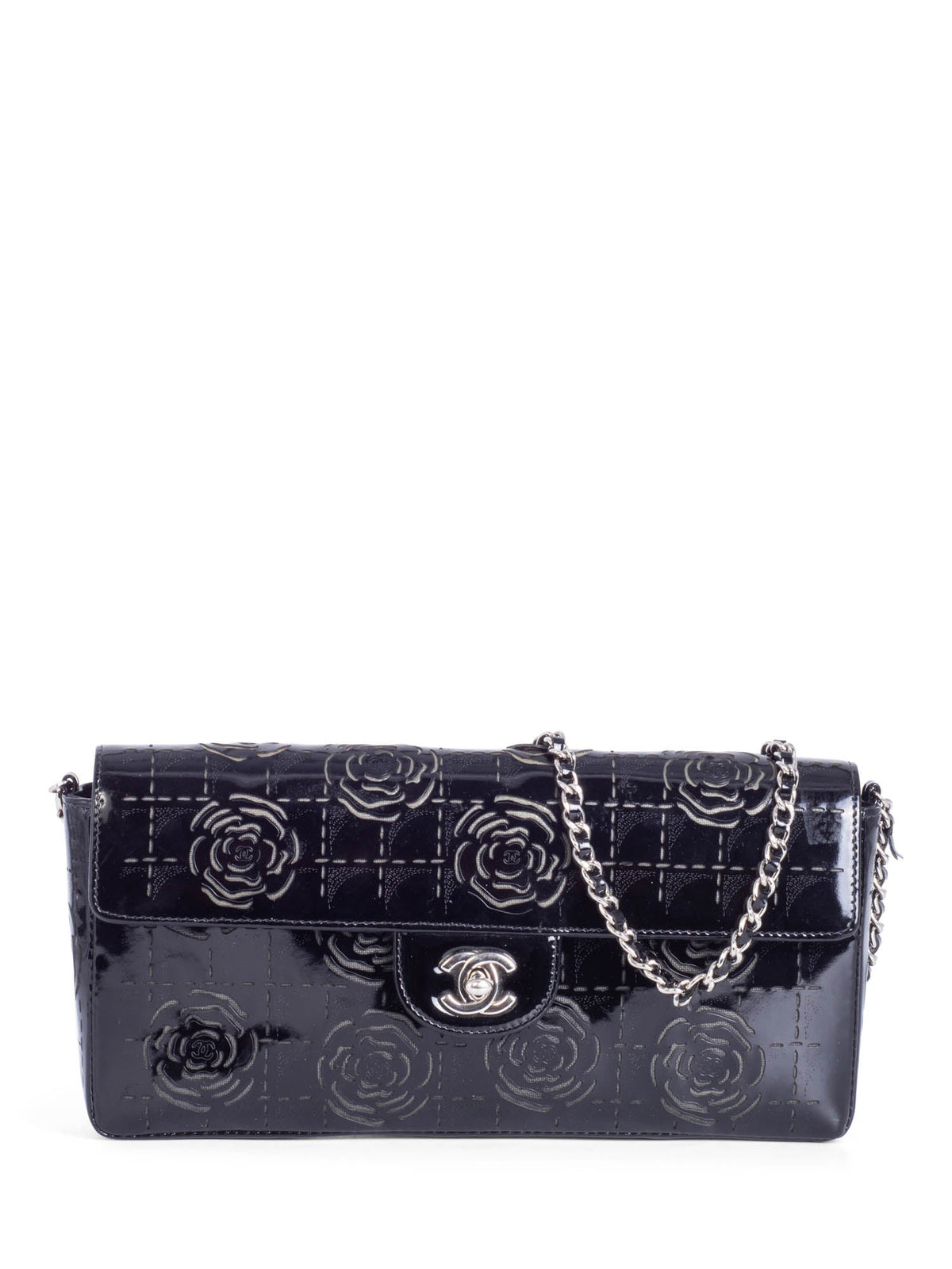 Chanel CC Logo Patent Leather Camellia Flap Bag Black