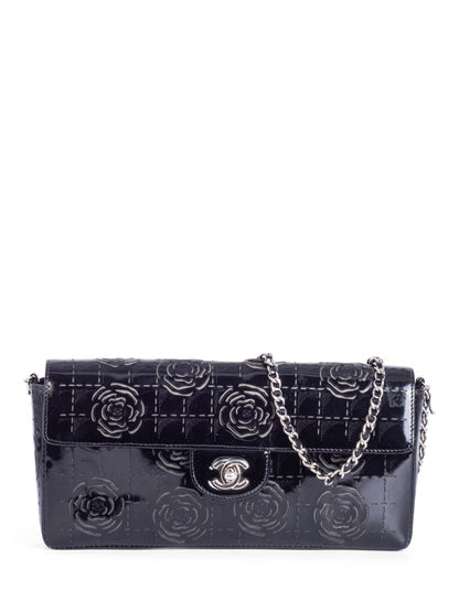 Chanel CC Logo Patent Leather Camellia Flap Bag Black
