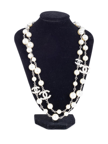 Chanel CC Logo Pearl Crystal Necklace Silver