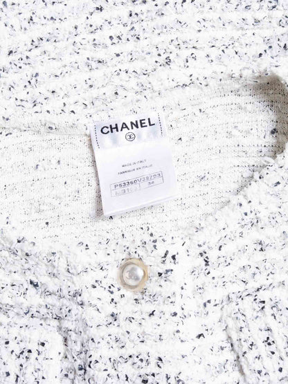 Chanel CC Logo Pearl Tweed Fringe Sleeveless Blouse White