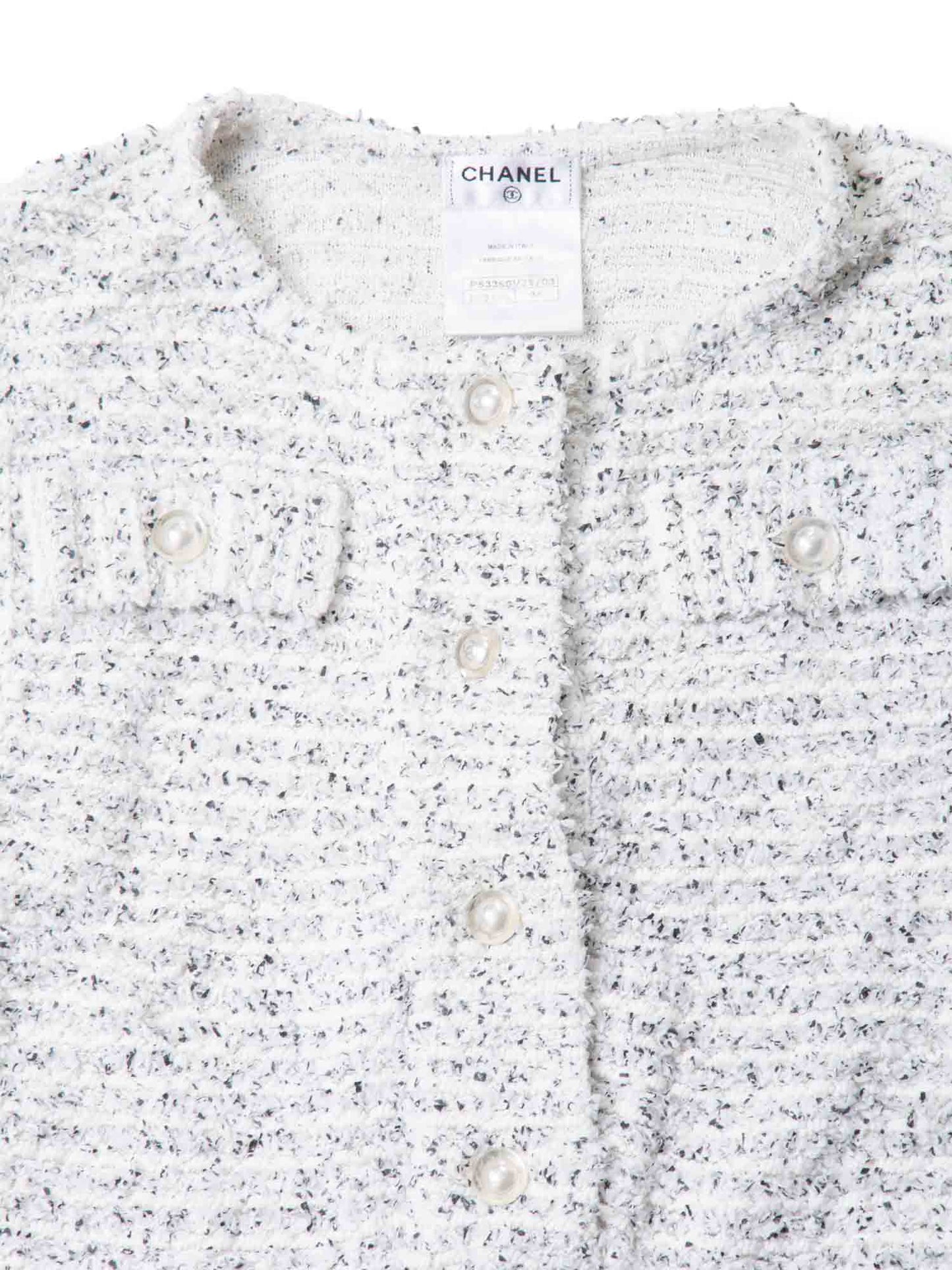 Chanel CC Logo Pearl Tweed Fringe Sleeveless Blouse White