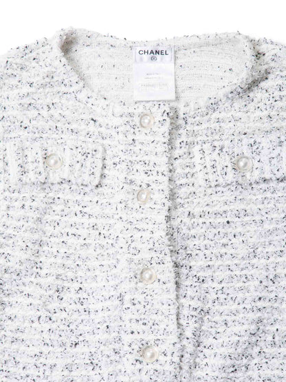 Chanel CC Logo Pearl Tweed Fringe Sleeveless Blouse White