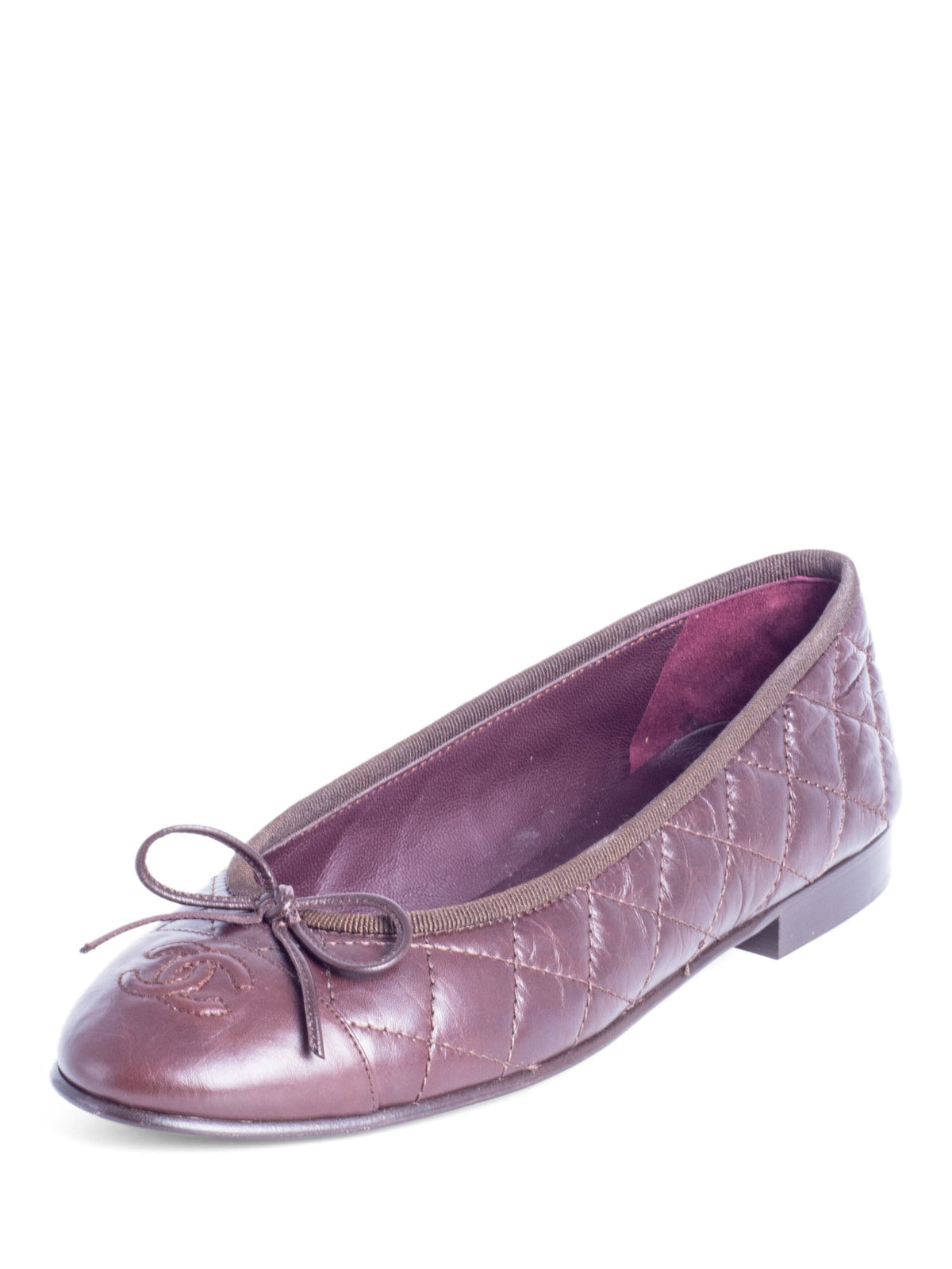 Chanel CC Logo Quilted Leather Bowtie Cap Toe Ballet Flats Brown