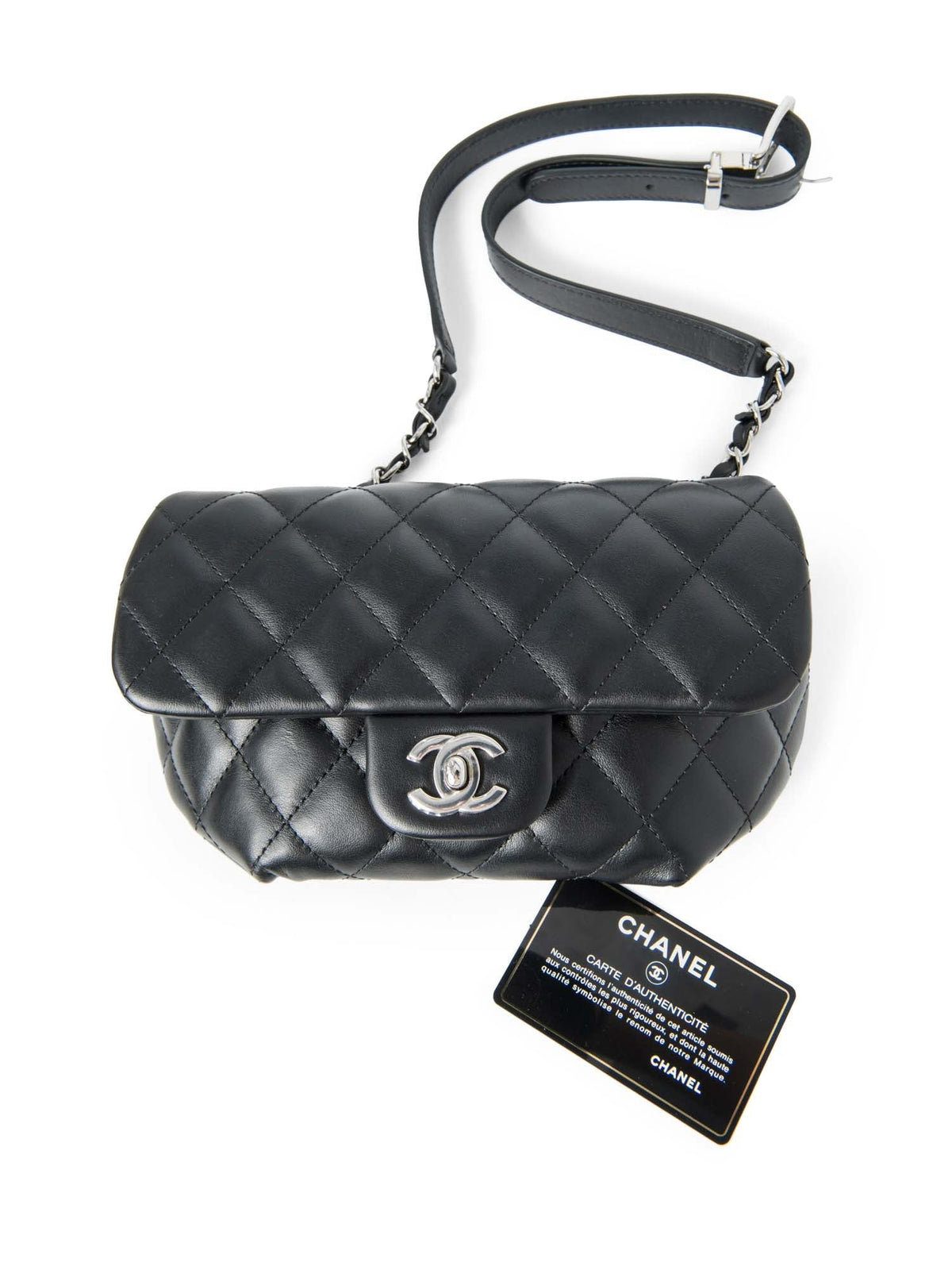 Chanel CC Logo Quilted Leather Chain Belt Bag Black Silver
