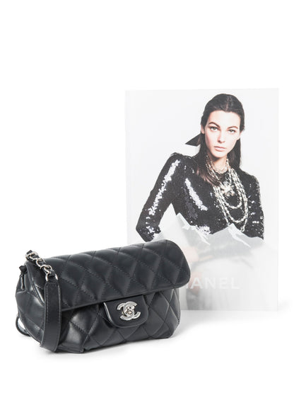 Chanel CC Logo Quilted Leather Chain Belt Bag Black Silver