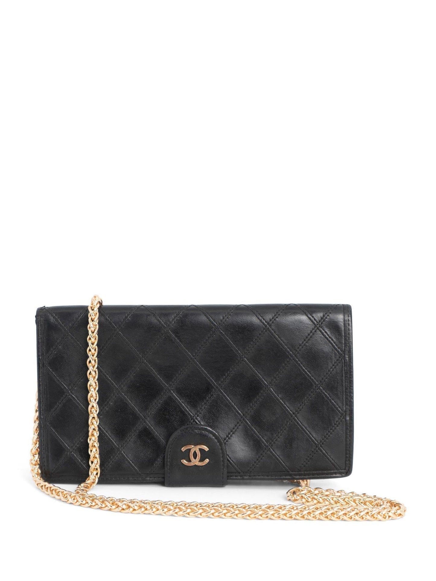 Chanel CC Logo Quilted Leather Kiss Lock Wallet on Chain Black