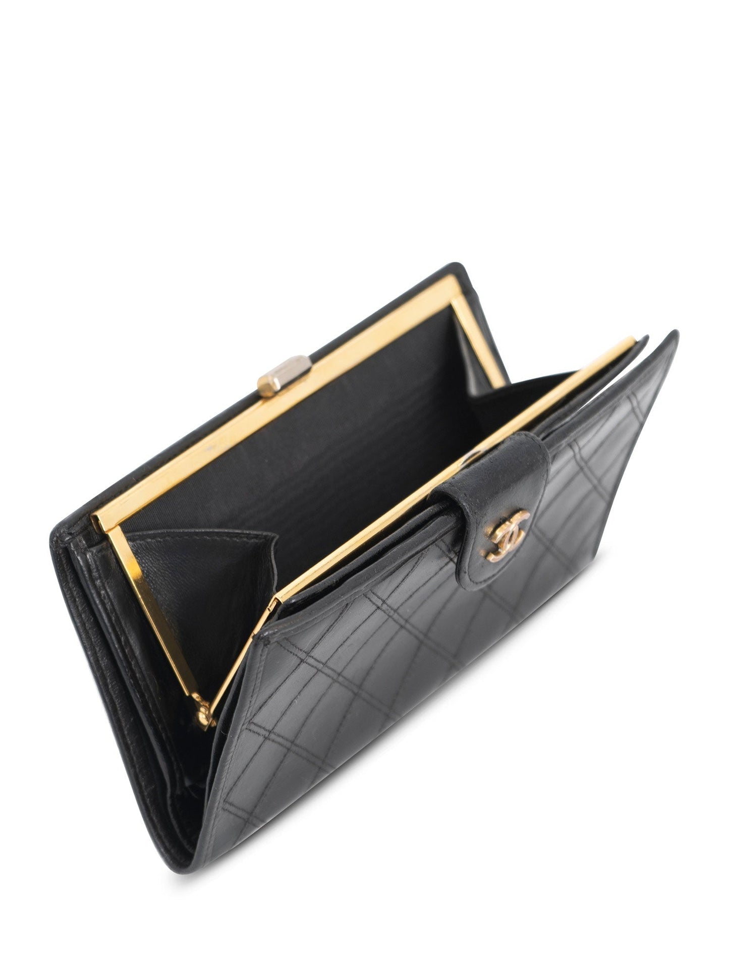 Chanel CC Logo Quilted Leather Kiss Lock Wallet on Chain Black