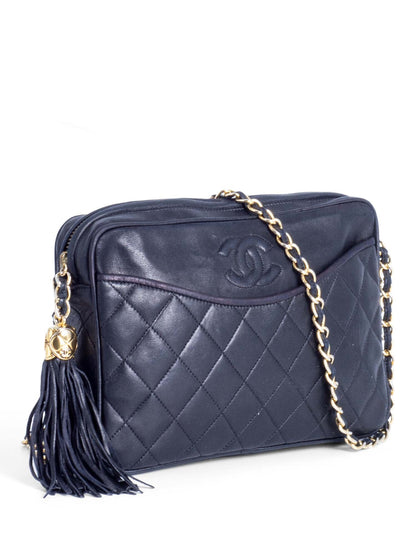 Chanel CC Logo Quilted Leather Tassel Camera Messenger Bag Black