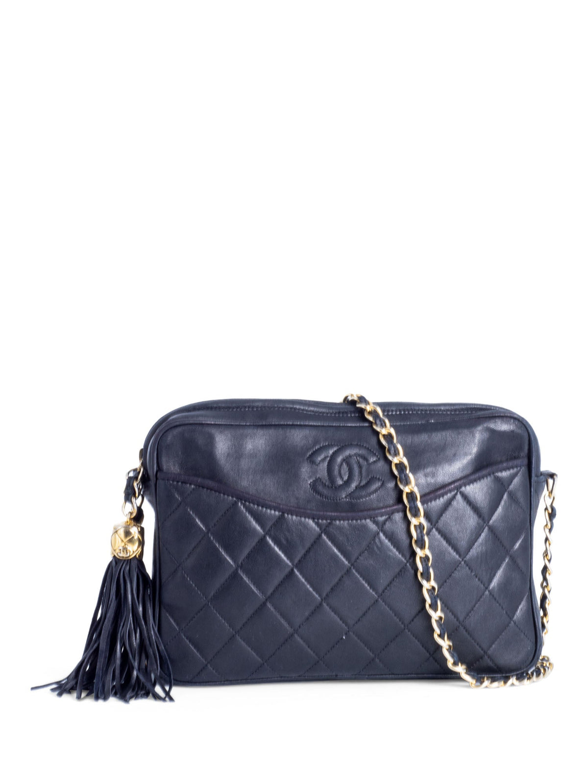 Chanel CC Logo Quilted Leather Tassel Camera Messenger Bag Black