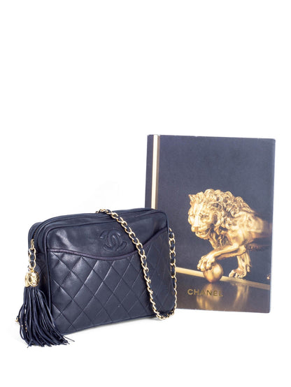 Chanel CC Logo Quilted Leather Tassel Camera Messenger Bag Black