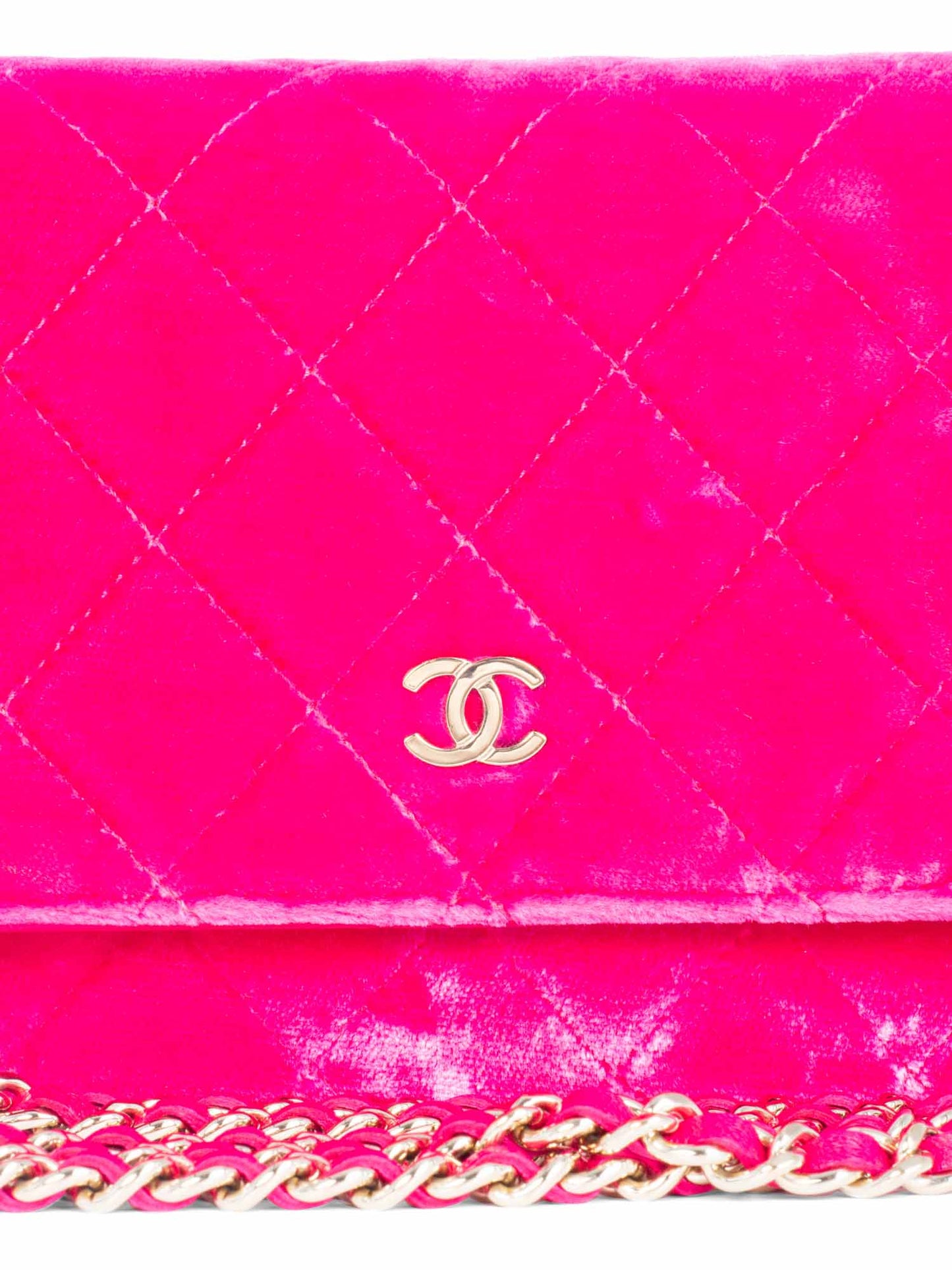 Chanel CC Logo Quilted Velvet Messenger Wallet on Chain Hot Pink