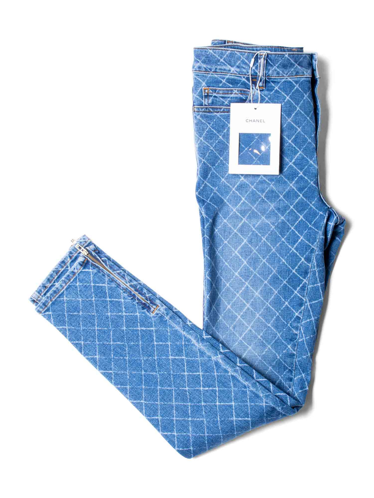 CHANEL CC Logo Quilted Zippered Skinny Denim Jeans Blue-designer resale