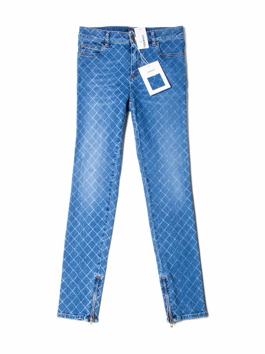 Chanel CC Logo Quilted Zippered Skinny Denim Jeans Blue