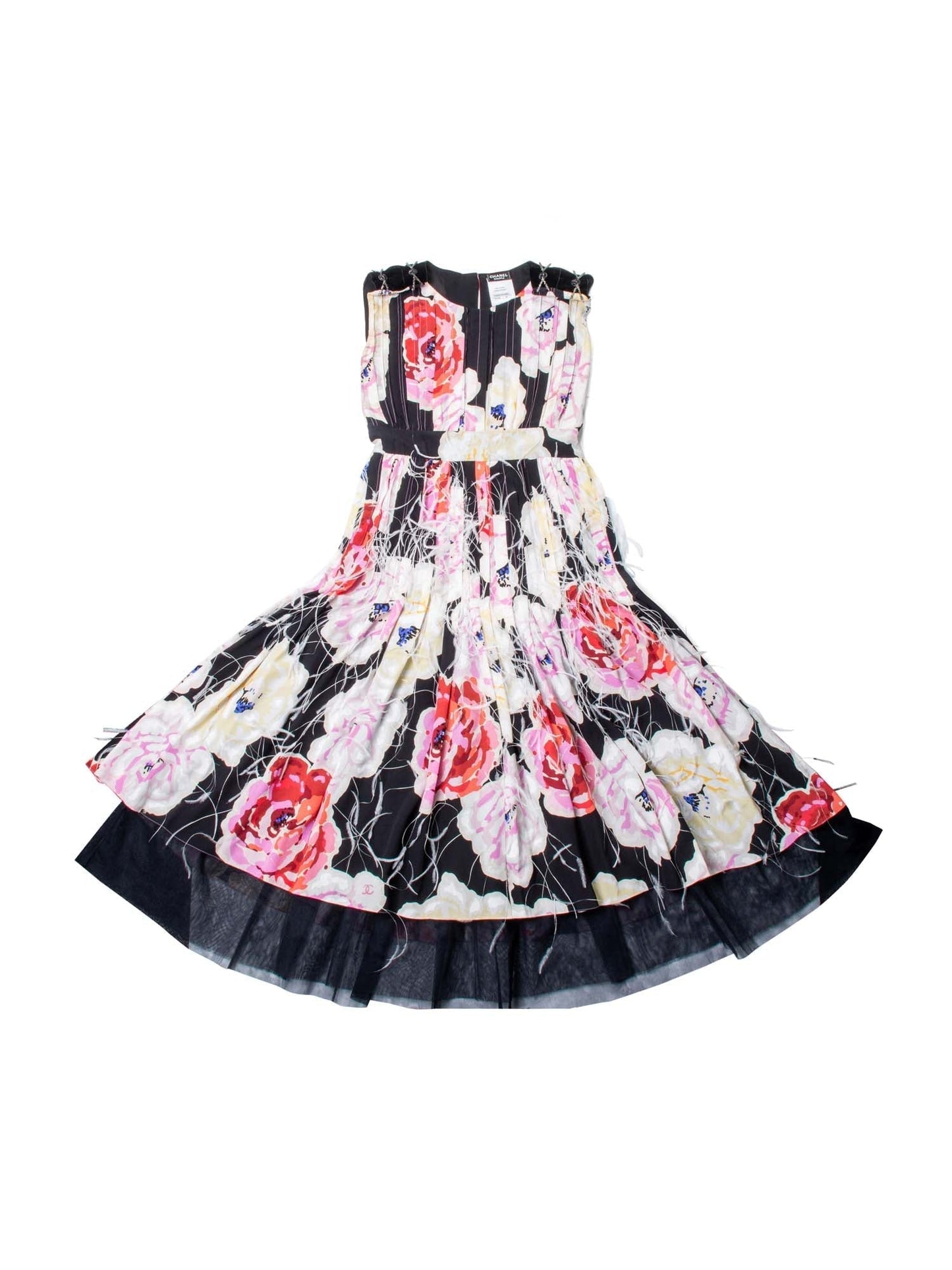 CHANEL CC Logo Runway Silk Feathered Cameilla A-Line Dress Multicolor-designer resale