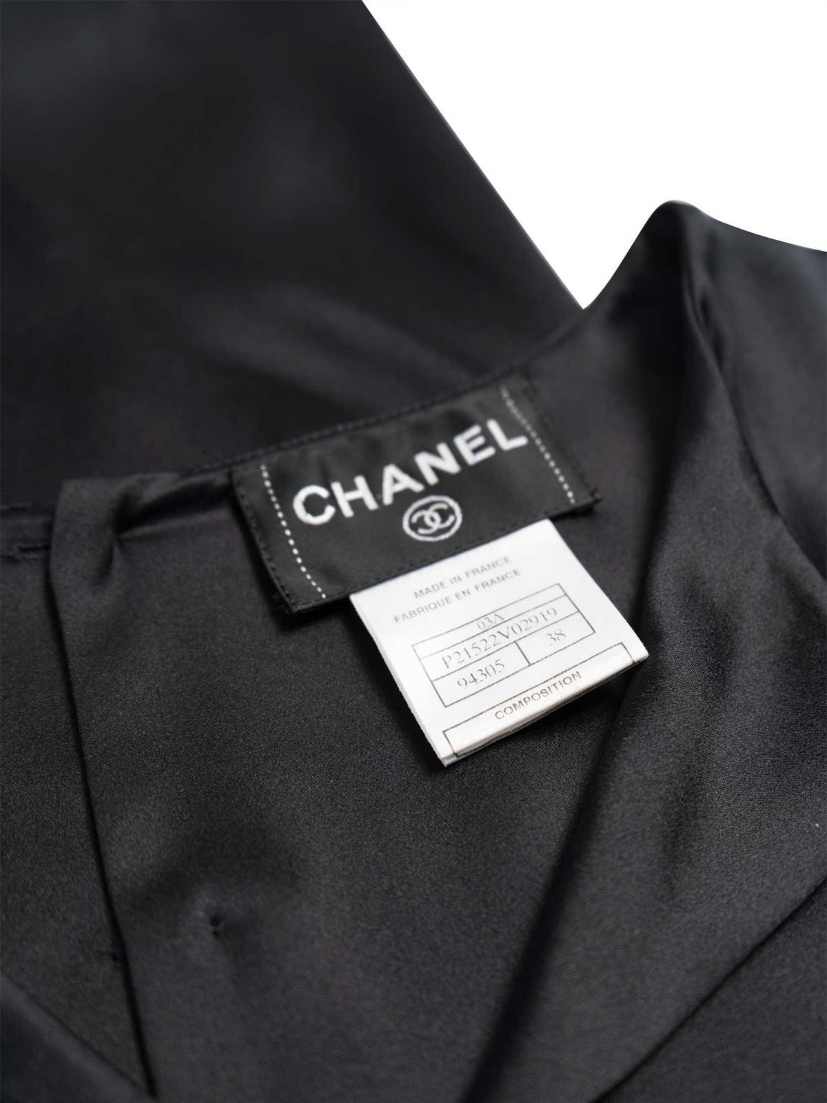 Chanel CC Logo Satin Silk V-Neck Blouse Black