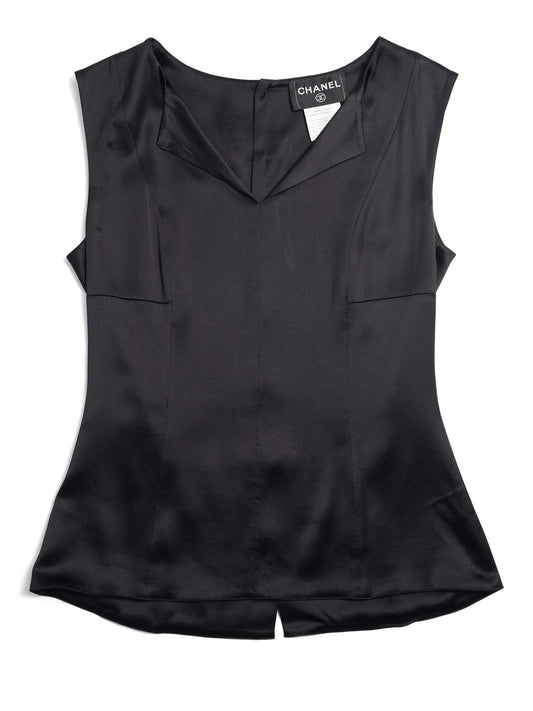 CHANEL CC Logo Satin Silk V-Neck Blouse Black-designer resale