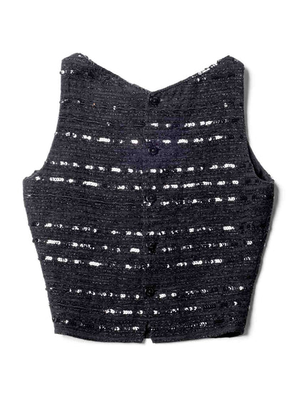 Chanel CC Logo Sequin Tweed Cropped Top Black