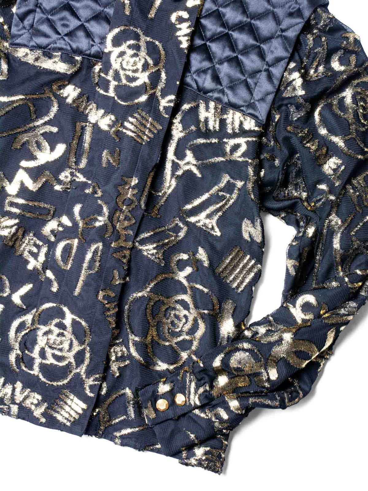 Chanel CC Logo Silk New York Graffiti Button Up Blouse Black Gold
