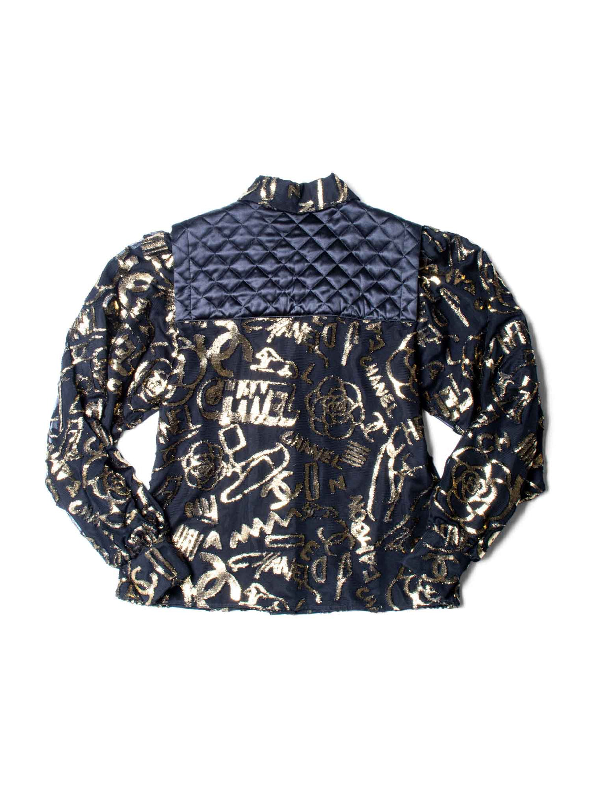 Chanel CC Logo Silk New York Graffiti Button Up Blouse Black Gold