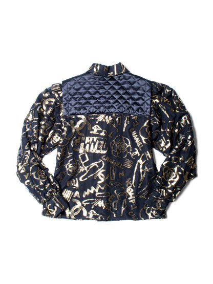 Chanel CC Logo Silk New York Graffiti Button Up Blouse Black Gold