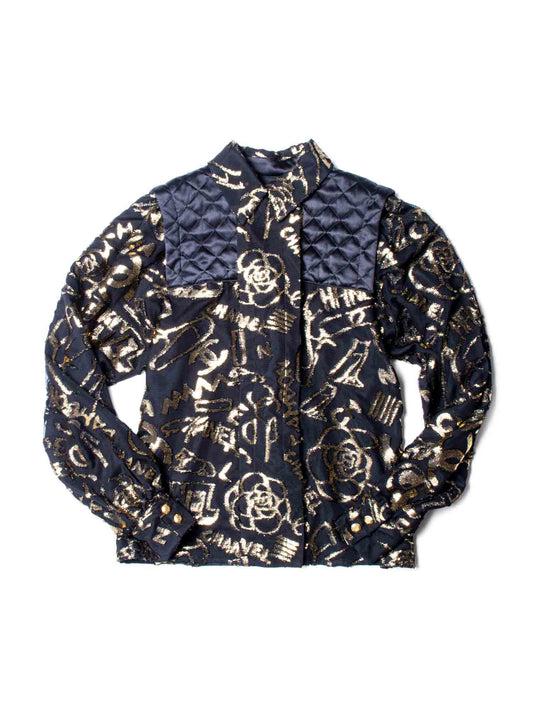 CHANEL CC Logo Silk New York Graffiti Button Up Blouse Black Gold-designer resale