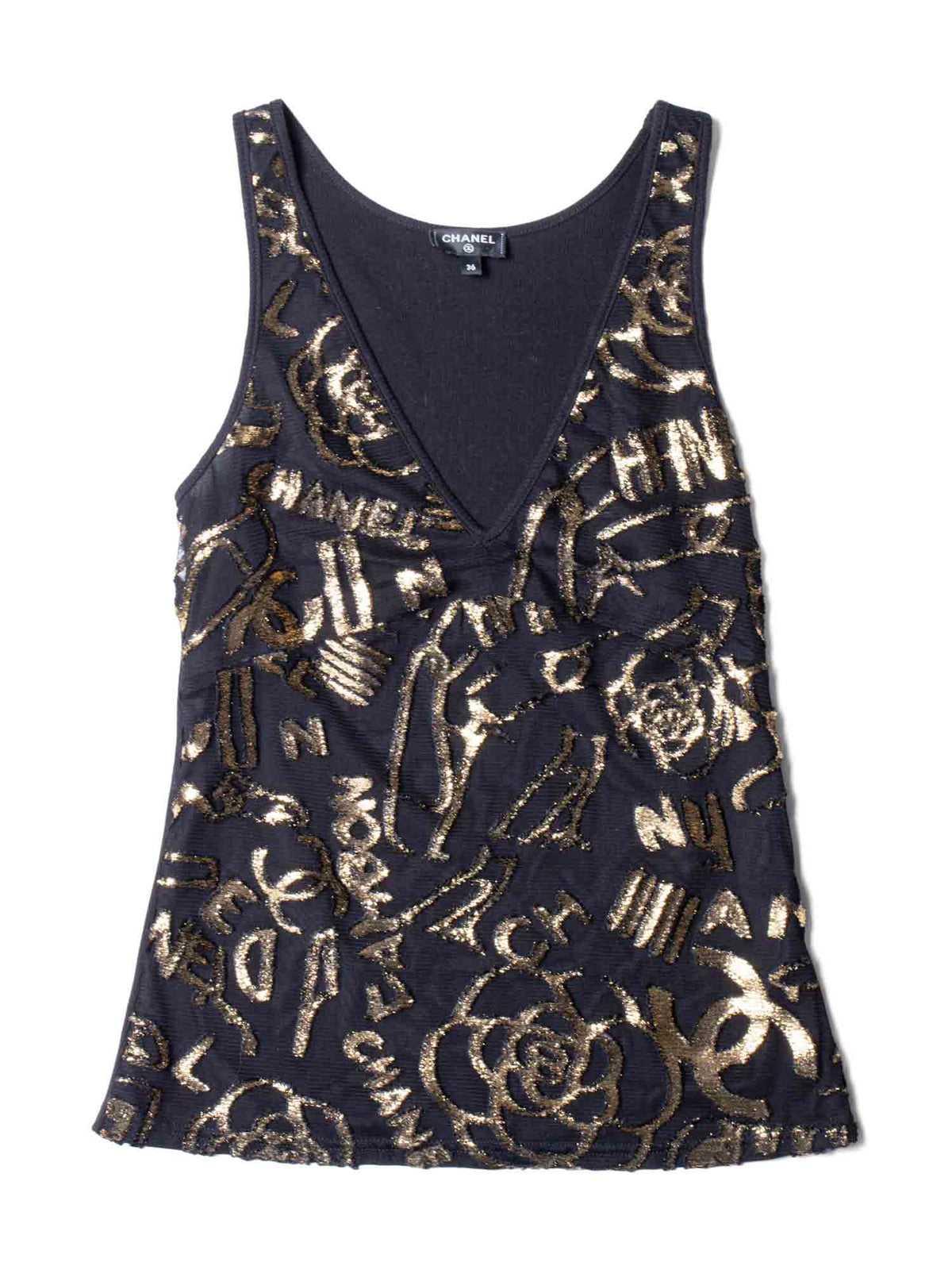 CHANEL CC Logo Silk New York Graffiti Sleeveless Top Black Gold-designer resale