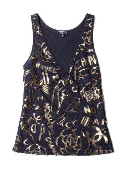 CHANEL CC Logo Silk New York Graffiti Sleeveless Top Black Gold-designer resale
