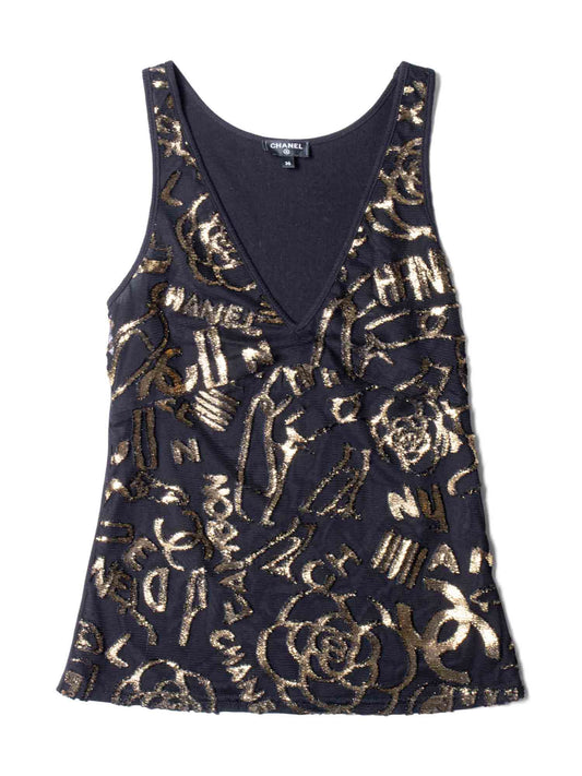CHANEL CC Logo Silk New York Graffiti Sleeveless Top Black Gold-designer resale