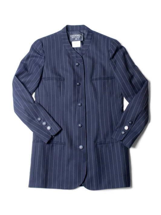 CHANEL CC Logo Striped Jacket Navy Blue-designer resale