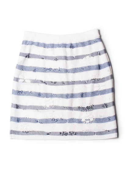 Chanel CC Logo Striped Knit Distressed Camellia Skirt White Navy Blue