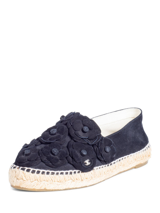 CHANEL CC Logo Suede Camellia Espadrilles Black-designer resale
