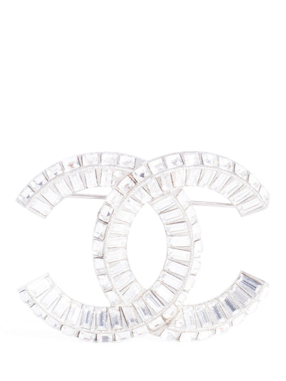 Chanel CC Logo Swarovski Crystal Large Brooch Pin Silver