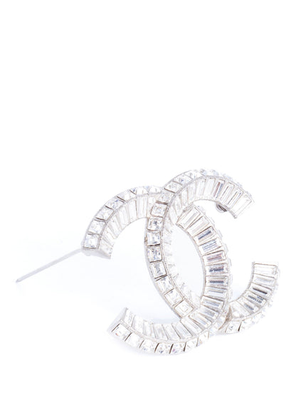 Chanel CC Logo Swarovski Crystal Large Brooch Pin Silver