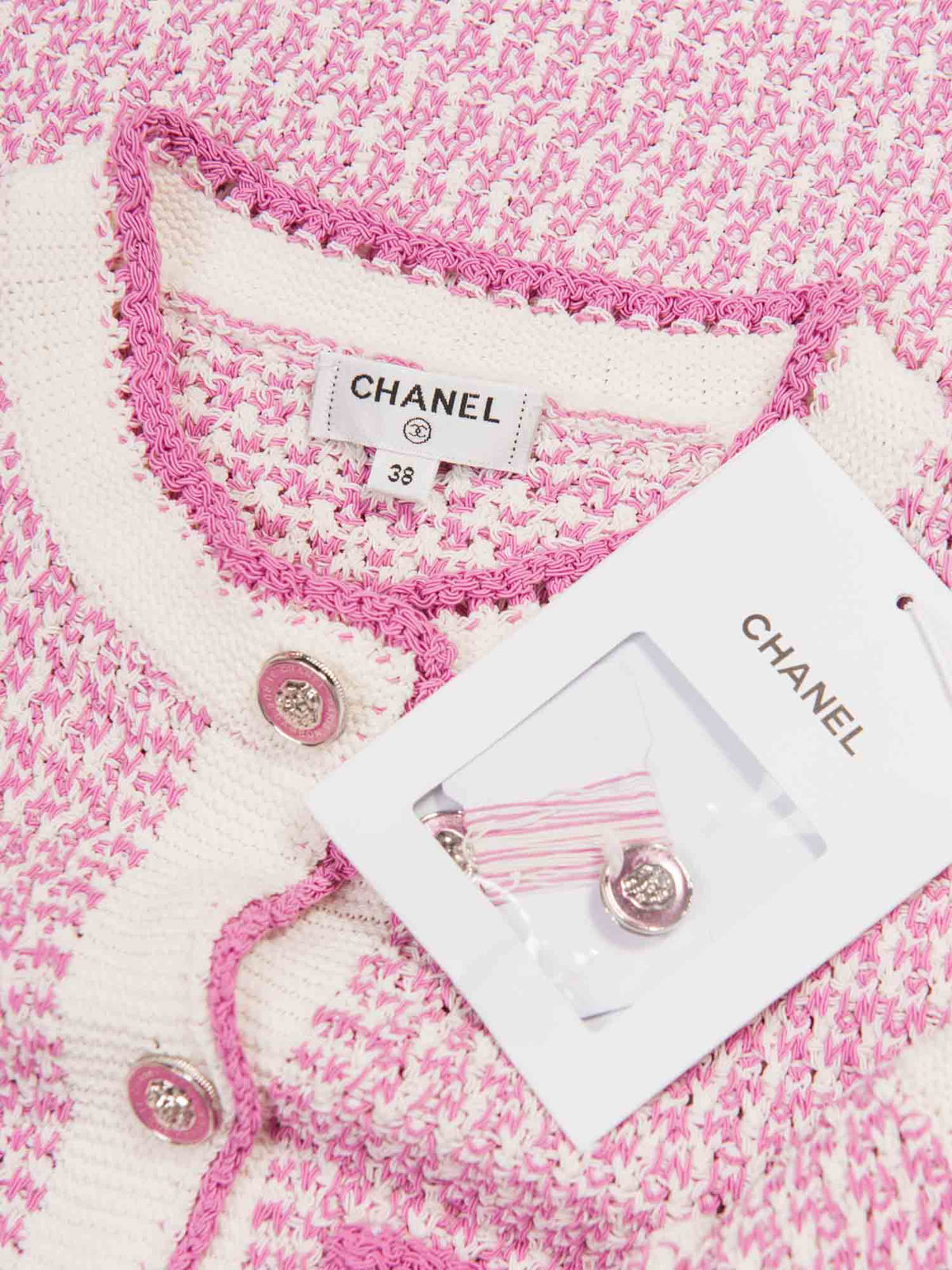 Chanel CC Logo Tweed Fringe Mini Dress Pink White