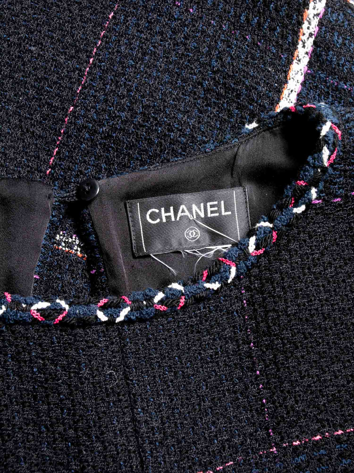 Chanel CC Logo Tweed Fringe Top Black Navy Blue