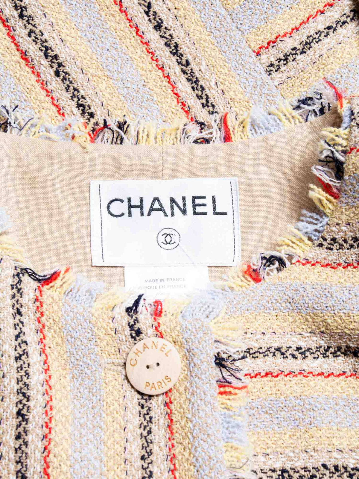 Chanel CC Logo Tweed Fringy Fitted Jacket Beige
