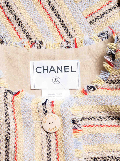 Chanel CC Logo Tweed Fringy Fitted Jacket Beige