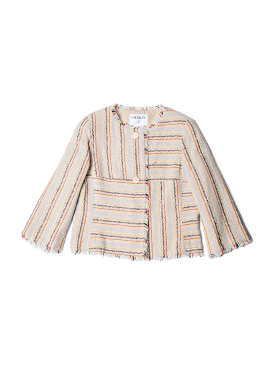 CHANEL CC Logo Tweed Fringy Fitted Jacket Beige-designer resale