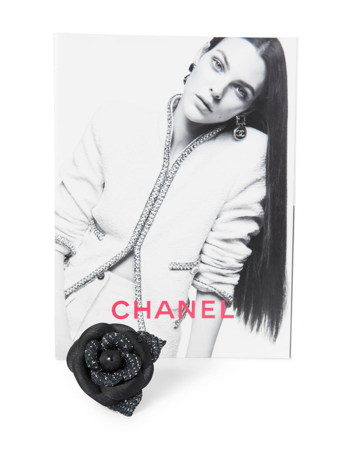 Chanel CC Logo Tweed Silk Camellia Brooch Black White