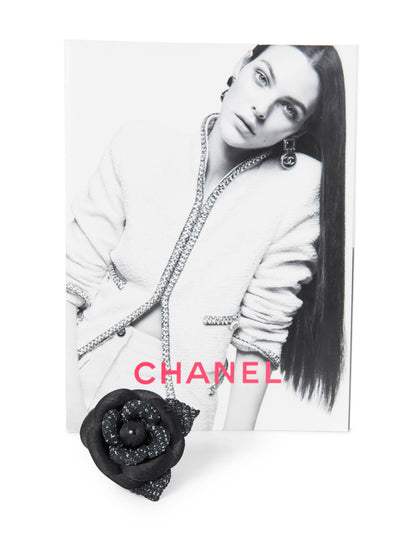 Chanel CC Logo Tweed Silk Camellia Brooch Black White