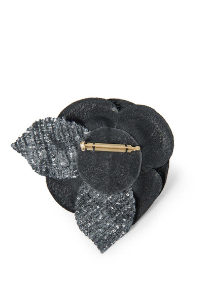 Chanel CC Logo Tweed Silk Camellia Brooch Black White