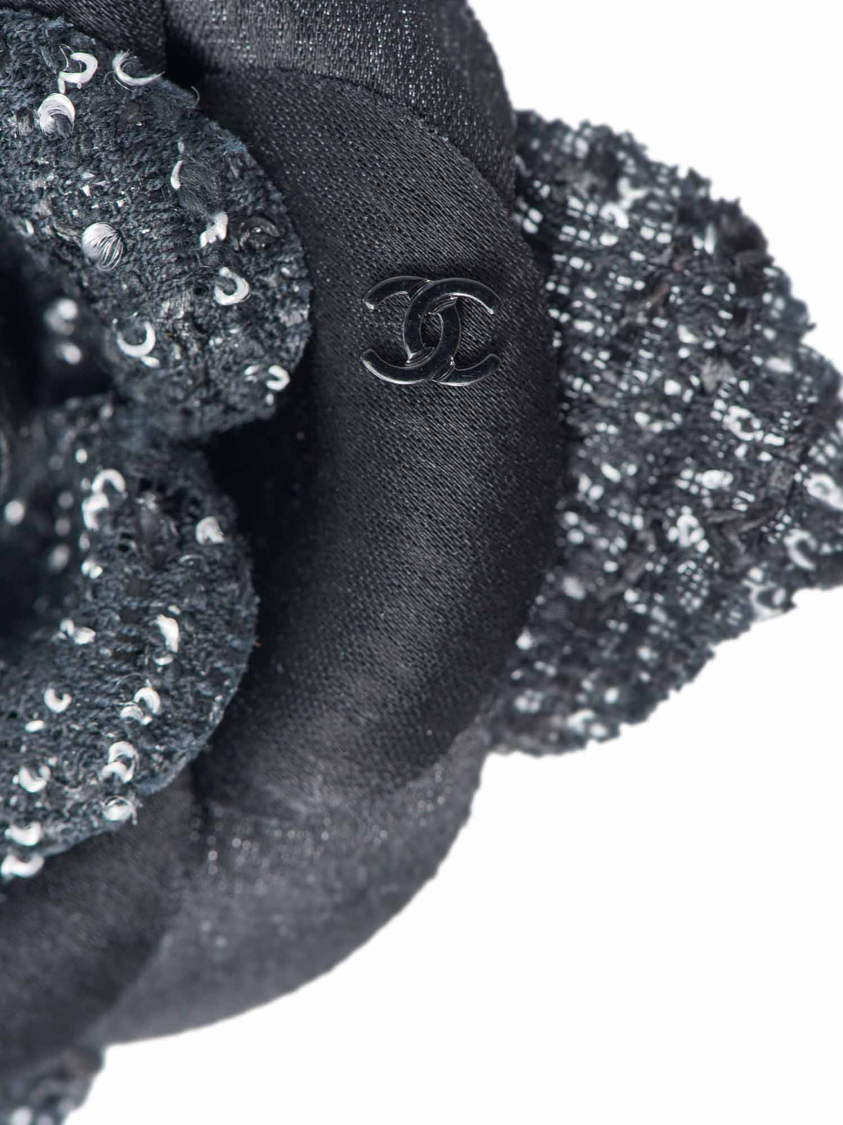 Chanel CC Logo Tweed Silk Camellia Brooch Black White