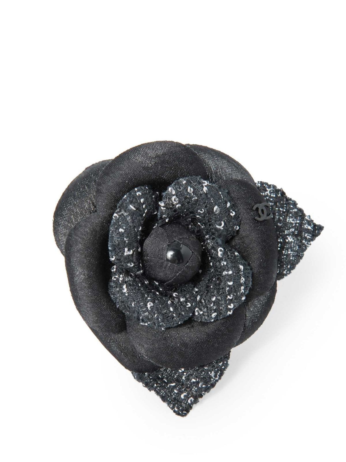 Chanel CC Logo Tweed Silk Camellia Brooch Black White